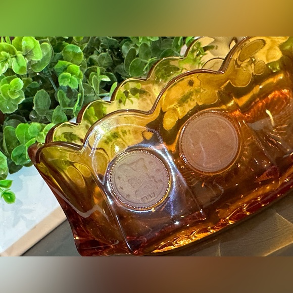 Vintage Fostoria Amber Art Glass Coin Oval Bowl - Picture 5 of 10